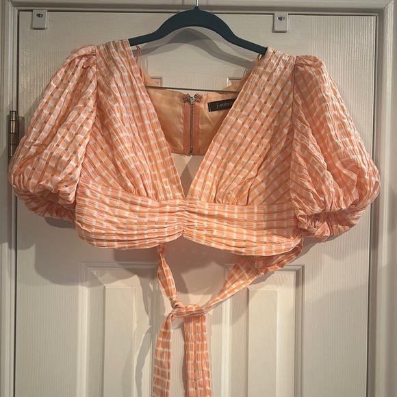 Boutique Two Piece Set Crop Top Ruffle Sleeve Orange Checkered Ruffled Skirt S/M - Picture 3 of 11